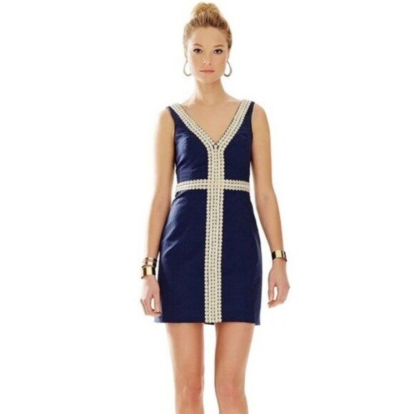 Lilly Pulitzer Women's Shift Dress Size 12 Navy Blue Bentley Gold Trim 12355 - Picture 1 of 16